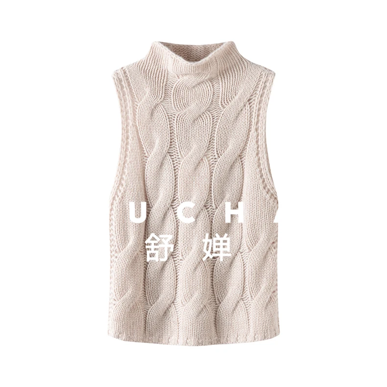 

100% Pure Cashmere Thick Needle Twist Turtleneck Vest Women's Loose Sleeveless Sweater Tank Top Sweater Women