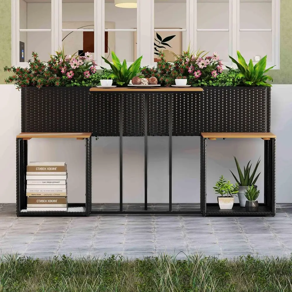 Outdoor Patio Furniture Set with Elevated Garden Bed, Rattan Planter Table with Integrated Seating and Storage, Durable Acacia W