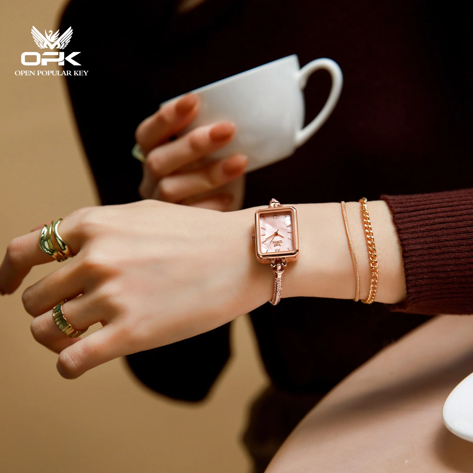 6092 OPK Women's Exquisite Elegant Waterproof Quartz Watch Small Square Half Bracelet Style