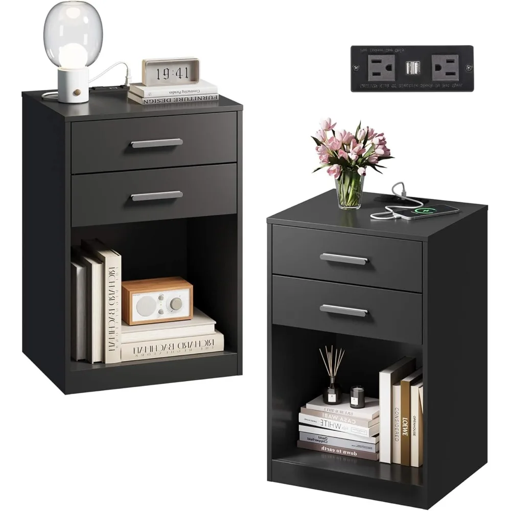 

Nightstand Set of 2 with Charging Station, Wood Night Stand Sets with 2 Drawers and Open Shelf, Bed Side Tables Bedroom, Living