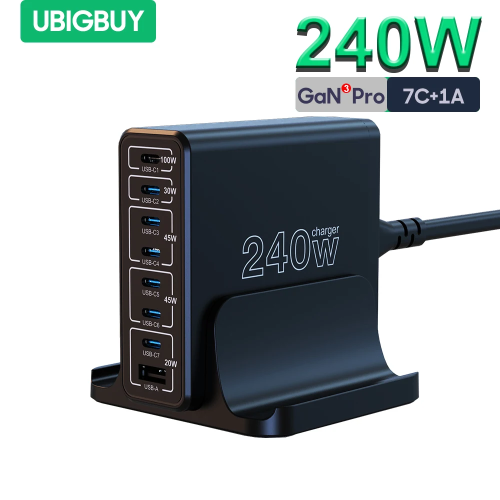 

Ubigbuy 240W GaN Desktop Charging Station 8 Ports USB C PD 100W PPS 45W Super Fast Charger for MacBook Pro iPad iPhone 15 Galaxy