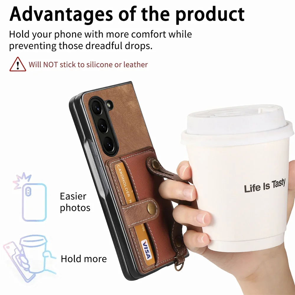 Wrist Strap PU Leather Stand Phone Case For Samsung Galaxy Z Fold 6 5 Fold6 Fold5 5G Wallet with Card Holder Shockproof Cover