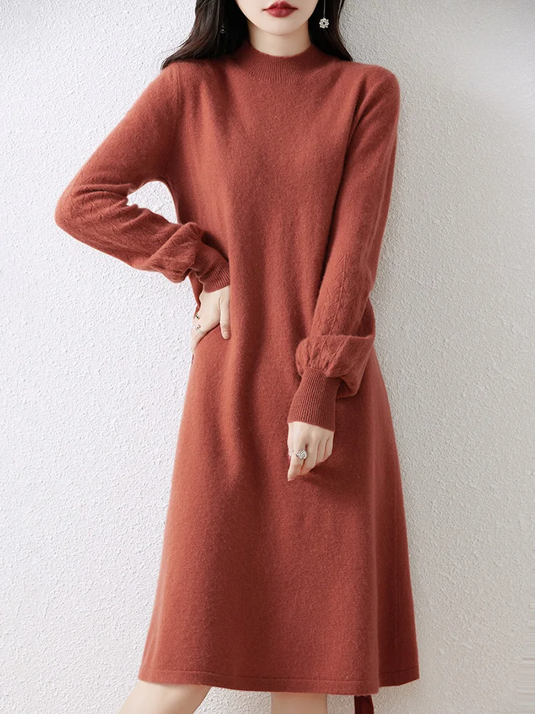 

New Women's Pullover Autumn Winter Puff Sleeve Dresses Mock Neck Sweater 100% Merino Wool Knitwear Grace Soft Slim Warm Dress