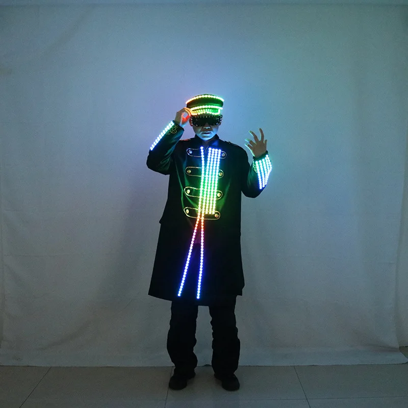 LED Show Costume Men Nightclub Bar DJ Dancer Performance Costumes Light up Long Jacket Hat Atmosphere Clothes