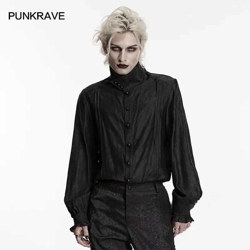 PUNK RAVE Men's Gothic Palace Grass Pattern Dark Jacquard Shirt Lantern Sleeves Retro Luxury High Standing Collar Party Club Top