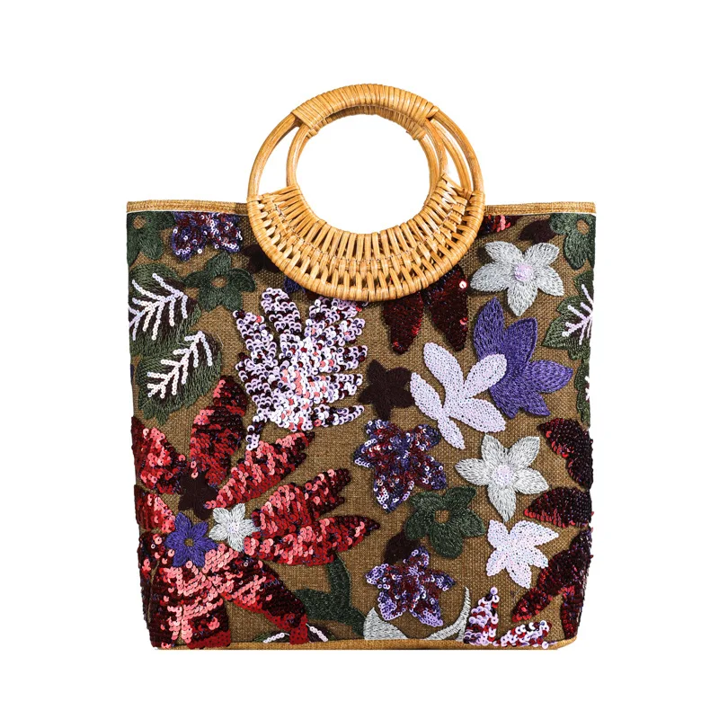 Fashion Flower Sequins Embroidery Large Tote Bag Round Rattan Handle Women Handbag Casual Summer Beach Bags for Vacation&holiday