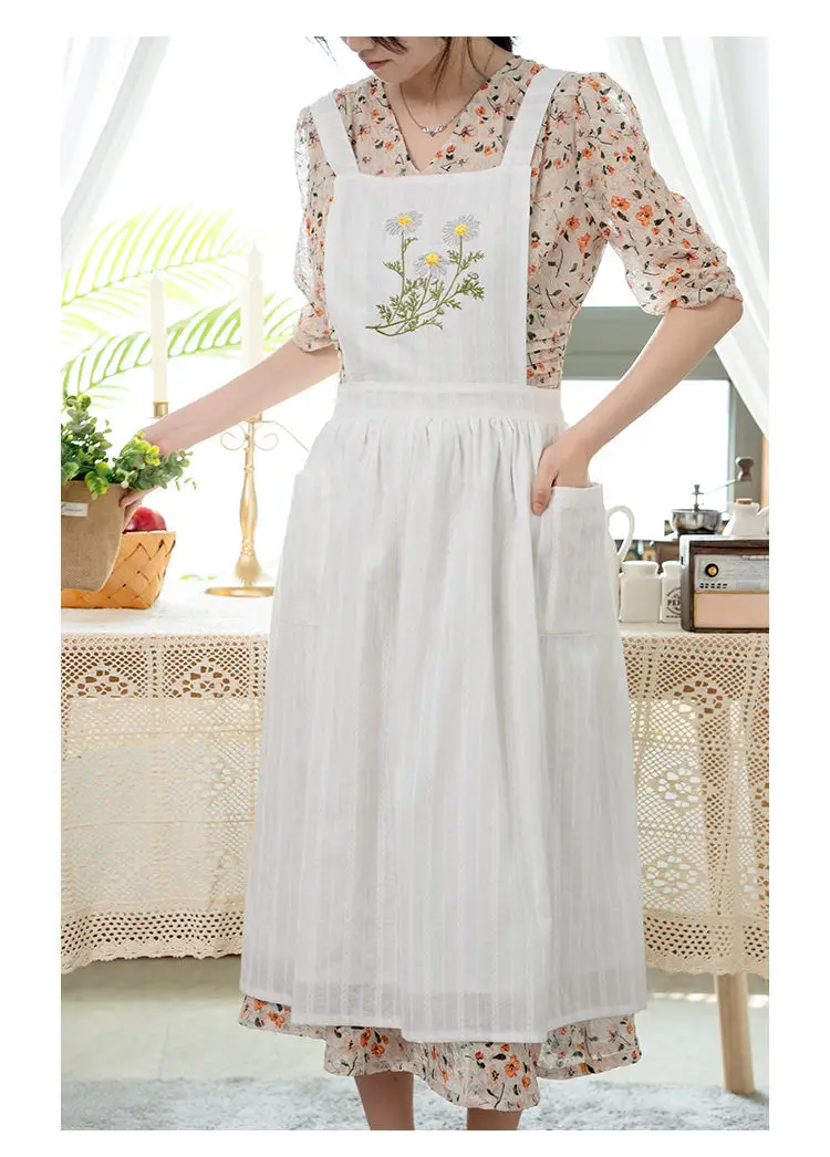 Retro Pastoral Thin Cotton Jacquard Summer Baking Aprons For Woman Dress Flower Shop Smock Bib Garden Tea Party  Overall