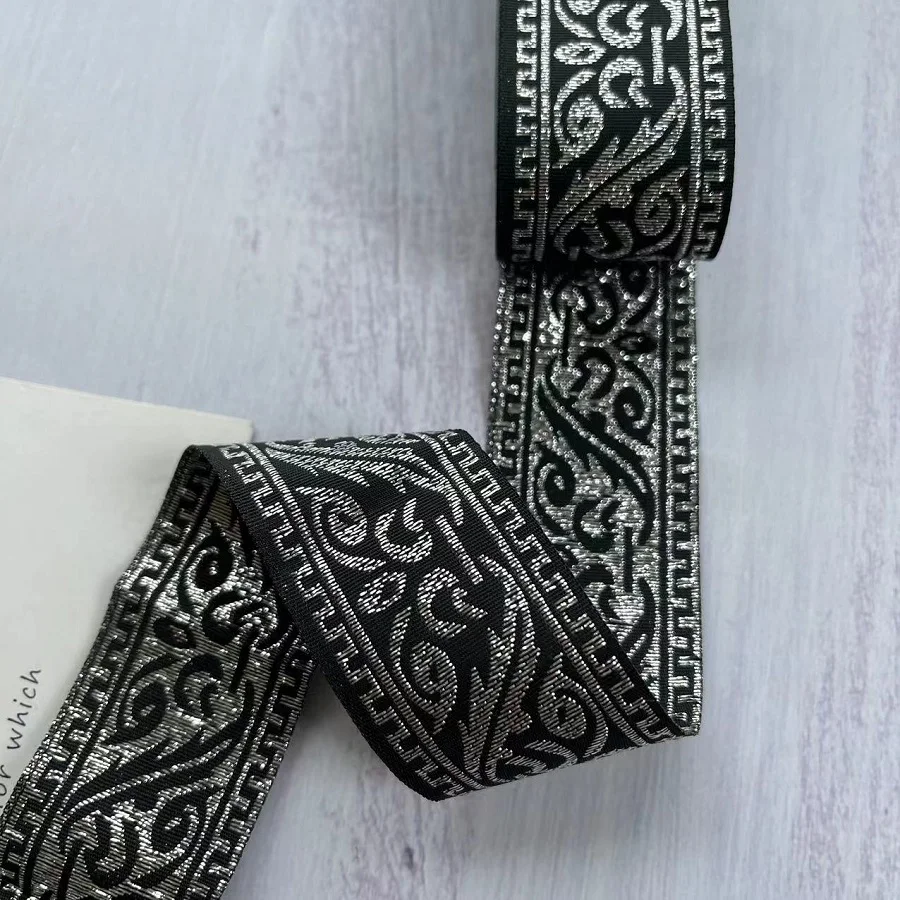 10 Yards/lots Woven Jacquard Ribbon 3.5 Cm Black Background Silvery Pattern LS-3891
