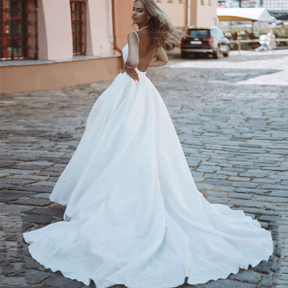 Ramanda vestido de noiva de cetim simples com decote em v, sem mangas, fenda lateral alta, linha a, costas nuas, sexy, robe de mariée personalizado