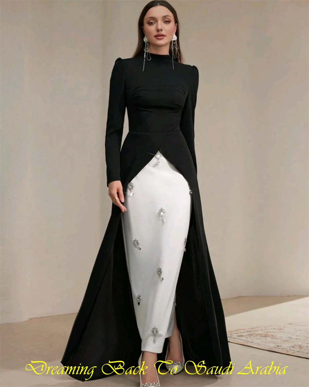 تخصيص كلاسيكي أسود جيرسي مساء اللباس الكلاسيكي س الرقبة طويلة الأكمام فساتين المشاهير حساسة مستقيم كريستال فساتين حفلة موسيقية #4