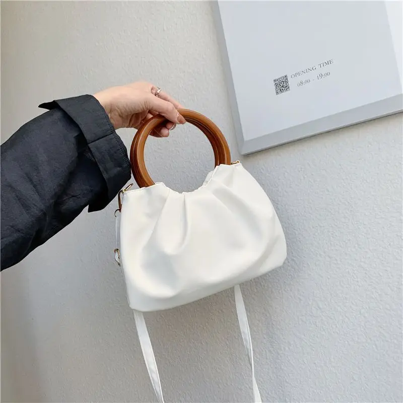 Soft Pleated PU Leather Top-handle Bags Women Elegant Fashion Crossbody All-match Wood Handle Texture Shoulder Handbags Female