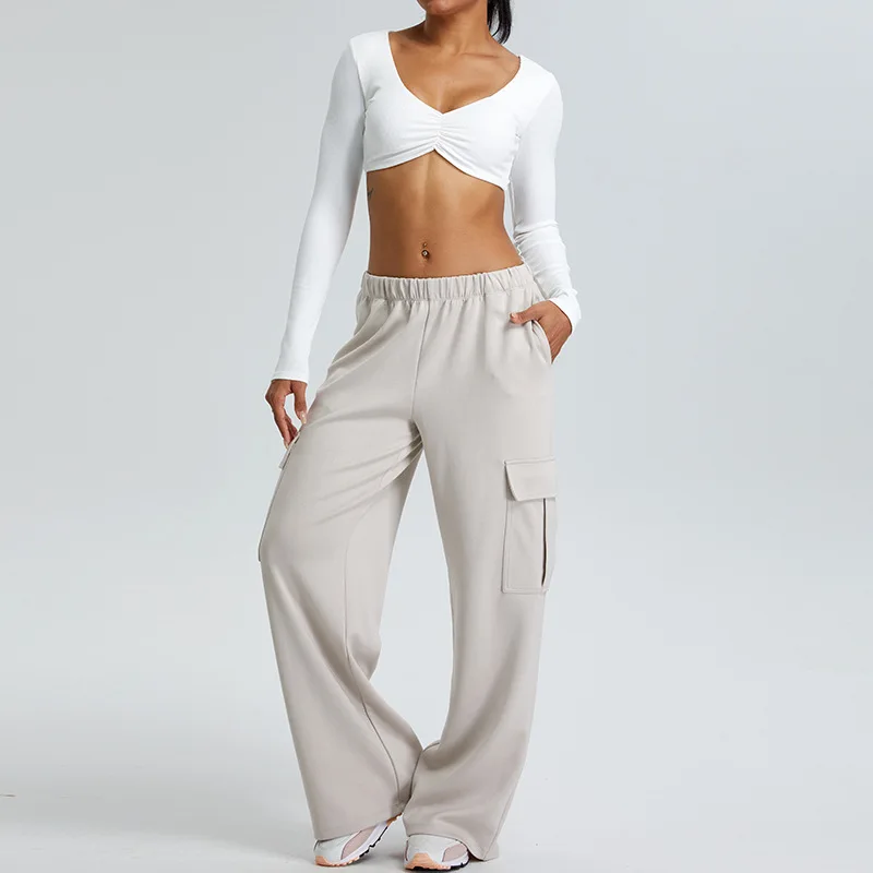 Two Pieces Women Fitness Yoga Set Long Sleeve Front Bow Bra Workout Crop Top High Waist Drawstring Pocket Sweatpants Sport Suit