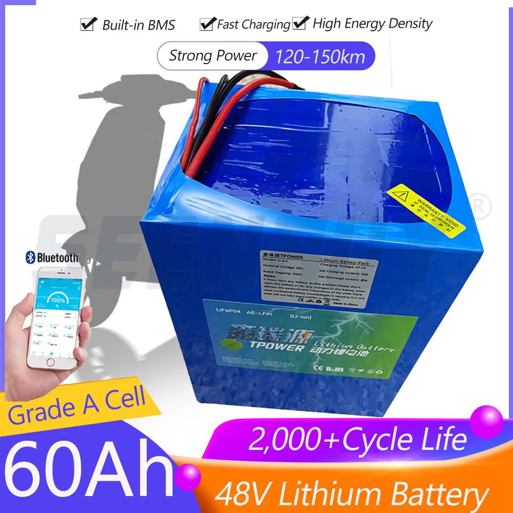 48V 60AH Lithium Li ion Battery Pack With BMS for 2000W 4000W Electric Motorcycle +10A Charger