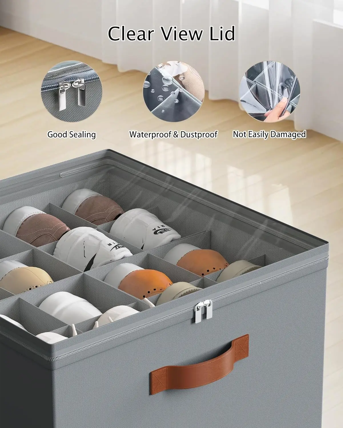 Органайзер для обуви для шкафа, ящик для хранения обуви с прозрачной крышкой и усиленными ручками, регулируемые разделители, подходит для корзины для обуви на 8–16 пар