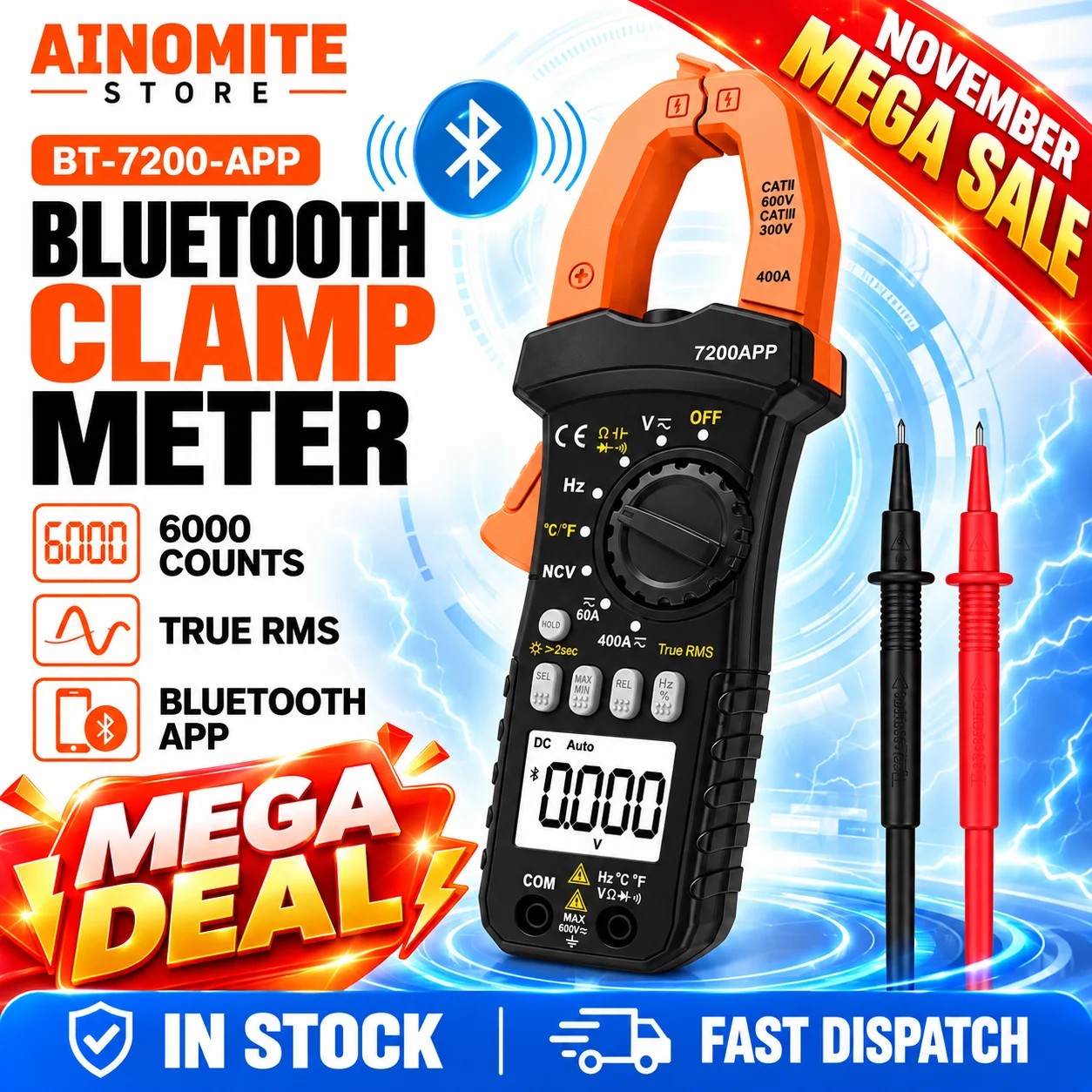 Bluetooth Clamp Meter TRMS 6000 Counts, Auto Range Digital Multimeter with NCV, Backlit LCD, Data Hold, Measures AC/DC Amp Volt