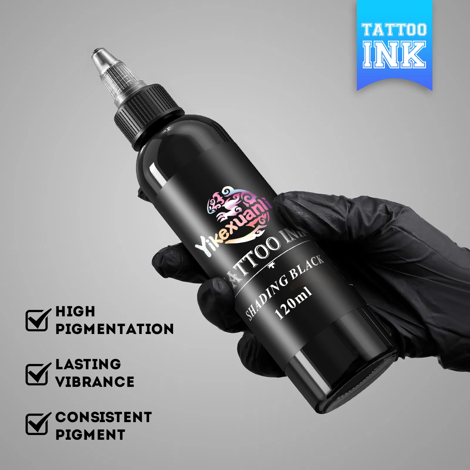 1 bottiglia di inchiostro per tatuaggi nero da 120 ml, nero più profondo - Per contorni, ombreggiatura e miscelazione, regalo di lunga durata, maestri e principianti