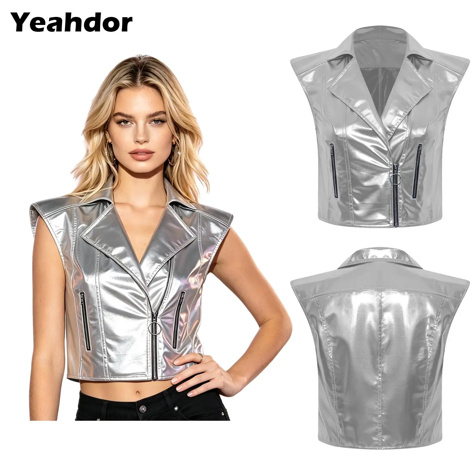 女性宇宙飛行士コスチュームジッパーヒップホップダンスチョッキ-y2k-服光沢のあるメタリッククラブベストパンクオートバイタンクトップ