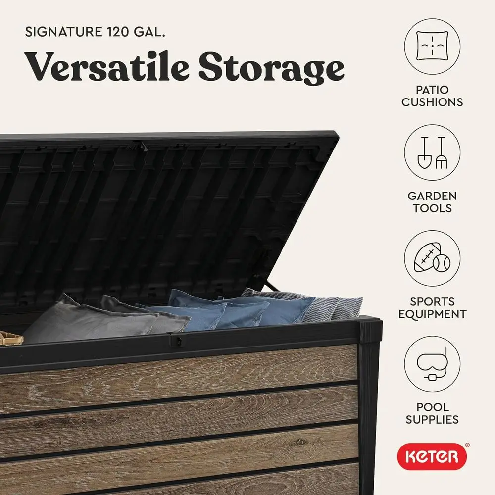 Kotak Penyimpanan Resin 120 Galon untuk Bantal Luar Ruangan, Alat Berkebun, dan Aksesori Kolam Renang dalam Warna Walnut.