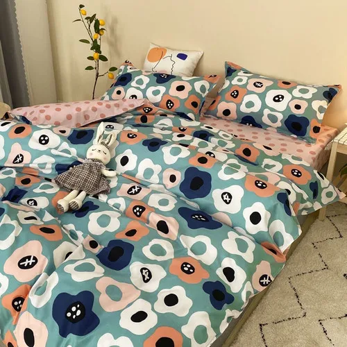 

HF Cute Cartoon Style Four-piece Single Dormitory Bed Sheet Quilt Cover Small Fresh Bedding Three-piece Set Kawaii Bedding