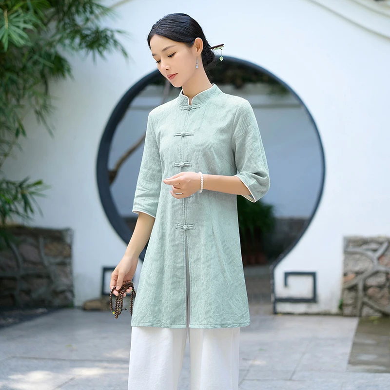 

Шикарный женский топ из чистого хлопка и льна с вышивкой в стиле дзен, чайная церемония, свободный крой со средним рукавом, китайский топ