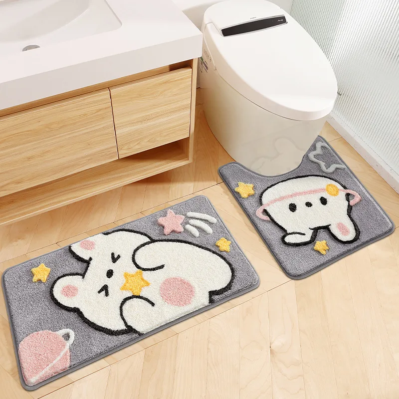 Cute Cartoon Rabbit Bath Mat Set High Quality Flocking Bathroom Non-slip Absorbent Bathroom Rug Shower Room Door Mat Carpet