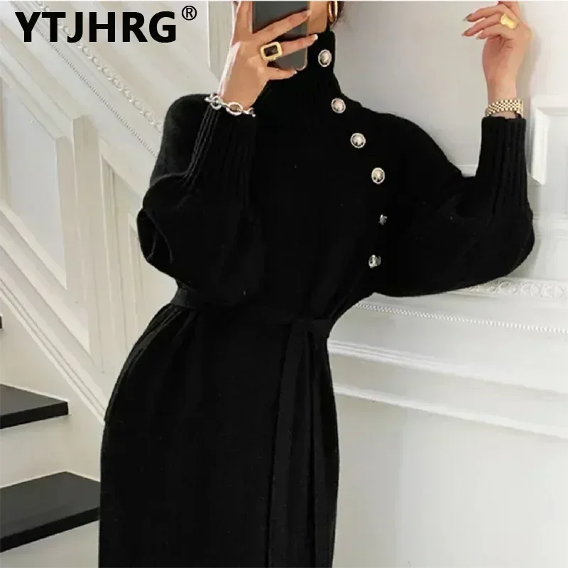 YTJHRG Women\'s Sweaters Dresses Turtleneck Knitted Female Clothing Korean Fashion Long Sleeves Streetwear 2024 New Autumn Winter