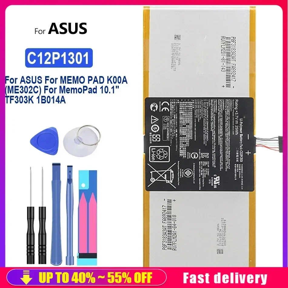 

C12P1301 6560mAh Rechargeable Tablet Battery For ASUS For MEMO PAD K00A (ME302C) For MemoPad 10.1" TF303K 1B014A Batteries