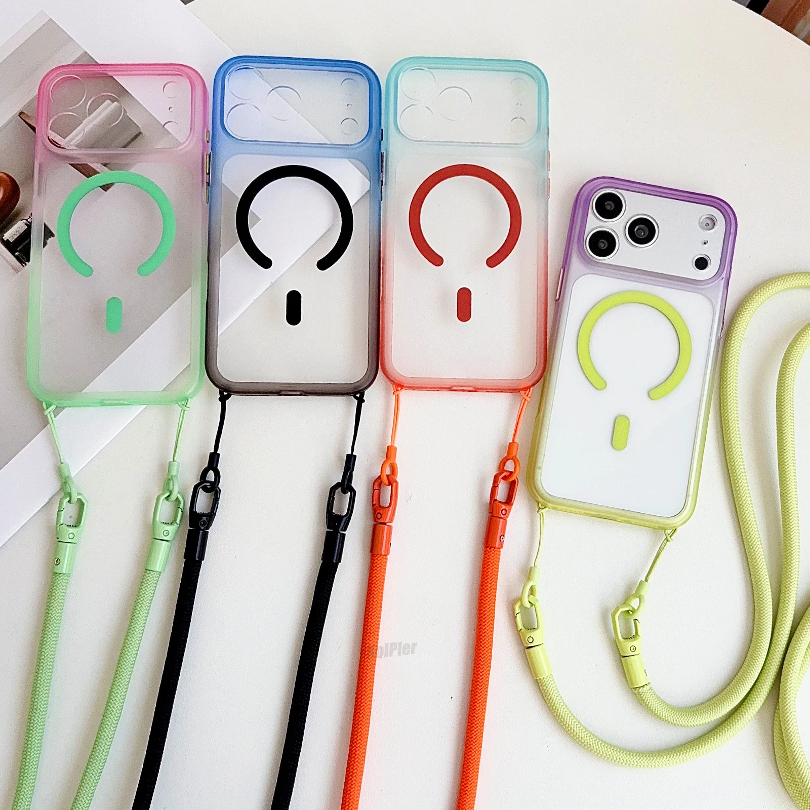 Gradient Transparent Magnetic Phone Case For iPhone 17 Pro Max with Strap Support Wireless Charging Shockproof Clear Cover
