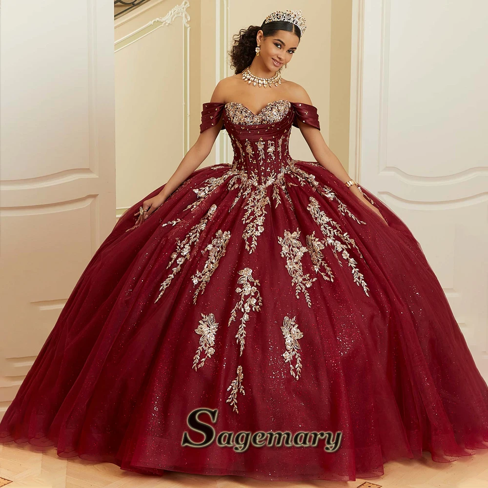 Sagemary Classic Sweetheart Quinceanera Dresses for Teens Off the Shoulder Appliques Bow Sparkly Corset Vestidos De 15 Anos