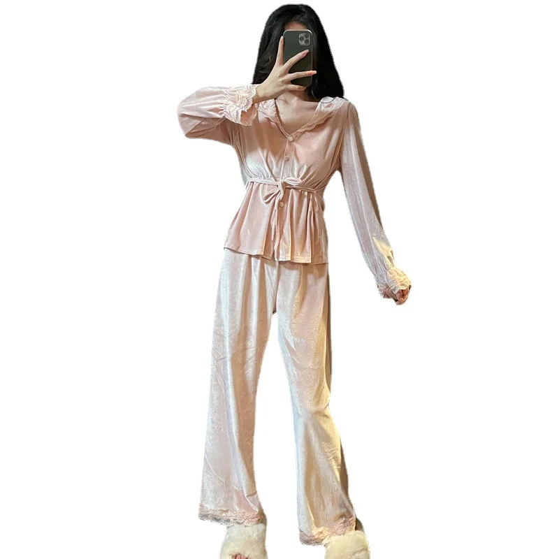 

Women's Clothing Pajamas Autumn and Winter Velvet Fleece Long Sleeves New Velvet Sweet Lapel Homewear Fashion Comfortable
