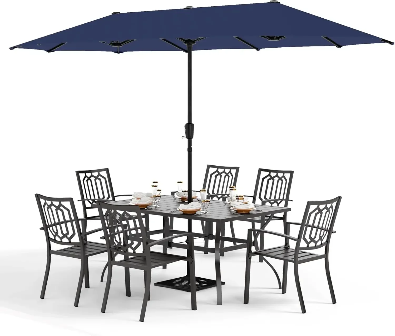 Patio Dining Set 8 PCS with 13ft Double-Sided Patio Umbrella(Navy Blue)，Metal Outdoor Dining Set