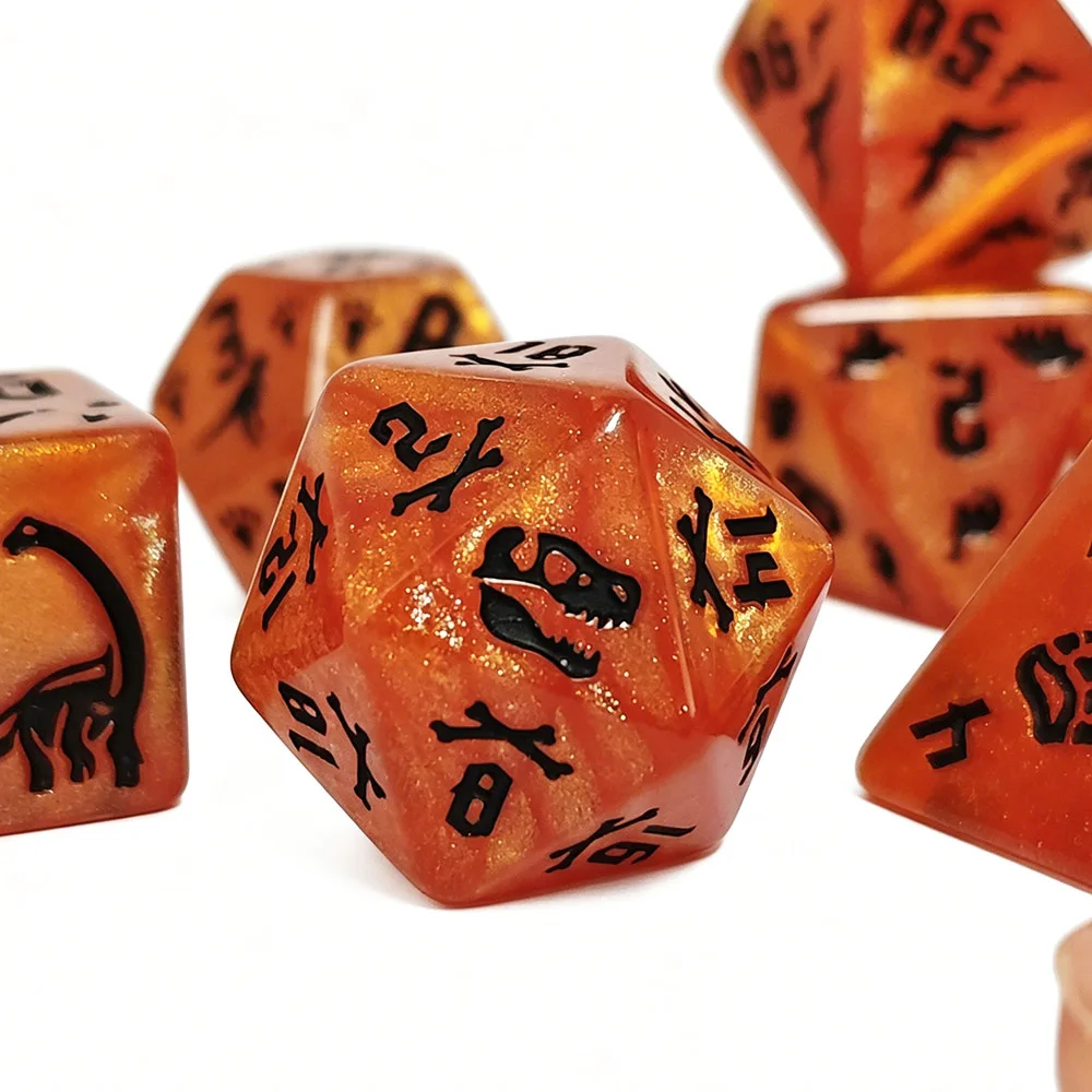 7Pcs Shimmer Orange Red Acrylic Polyhedral Dice Set, Black Engraved Dinosaur & Dino Footprint Rune Symbols, DND RPG MTG Tabletop