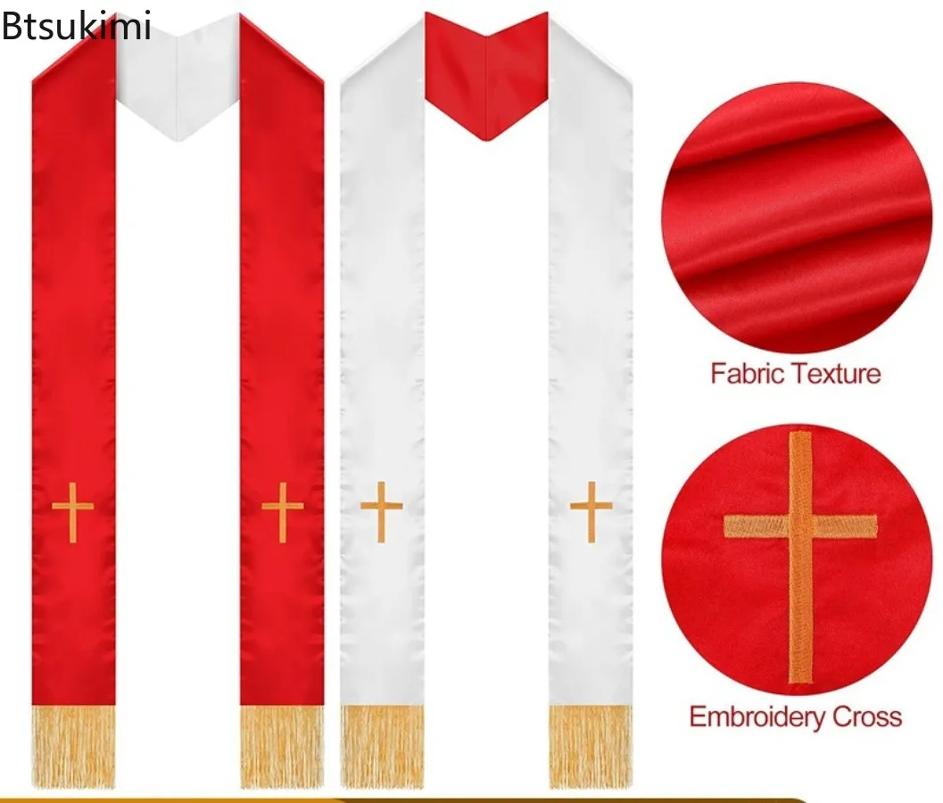 Anglican Clergy Double Side Priest Stole Adult Catholic Mass Pastor Liturgical Embroidery Cross Tassel Ribbon for Wedding Church
