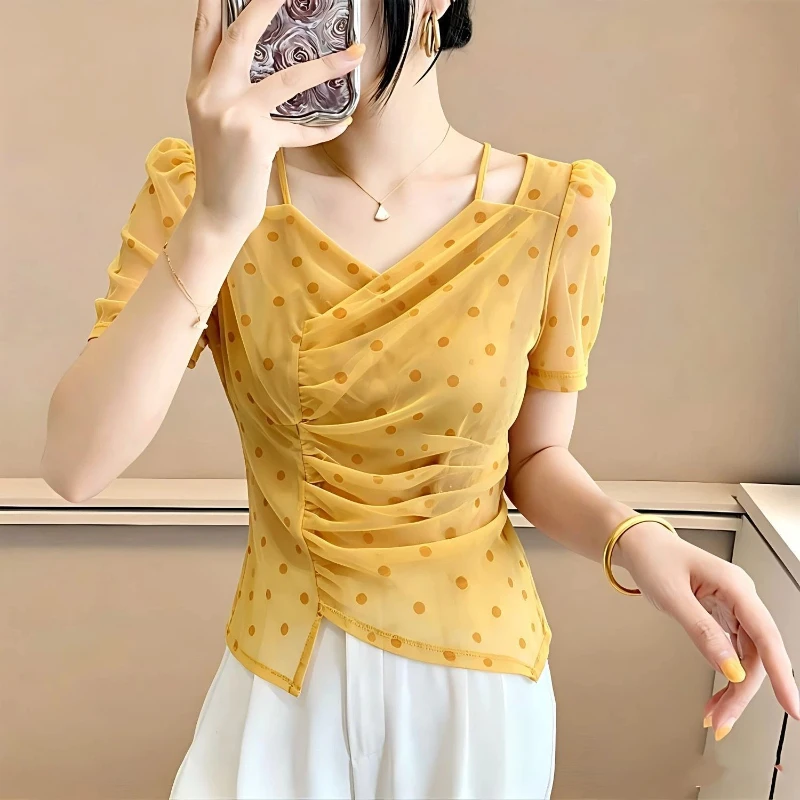 Elegant Women's Polka Dot Puff Sleeve V Neck Sheer Top With Asymmetrical Design For Office And Casual Wear