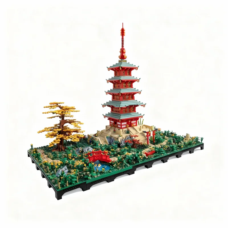 15632ピース MOC アジア風ジオラマ パゴダ橋 樹木 モジュール式街並みモデル 組み立てブロック 建築 クリスマスギフト おもちゃ