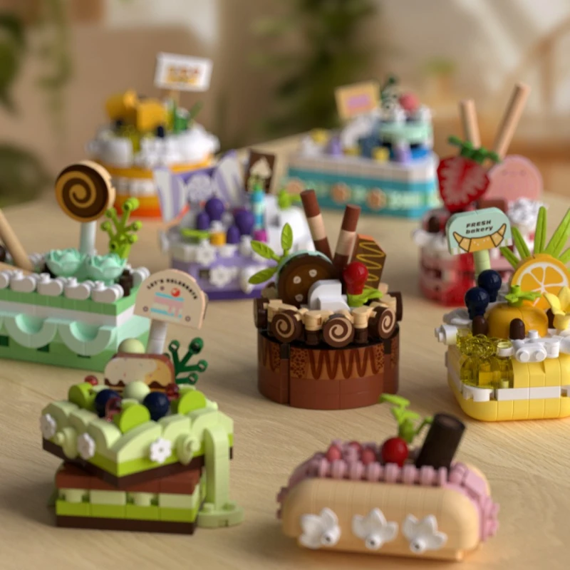 Dessert partytaart, citroen matcha taropasta, bubbelbouwstenen, speelgoedbeeldjes, geschenken