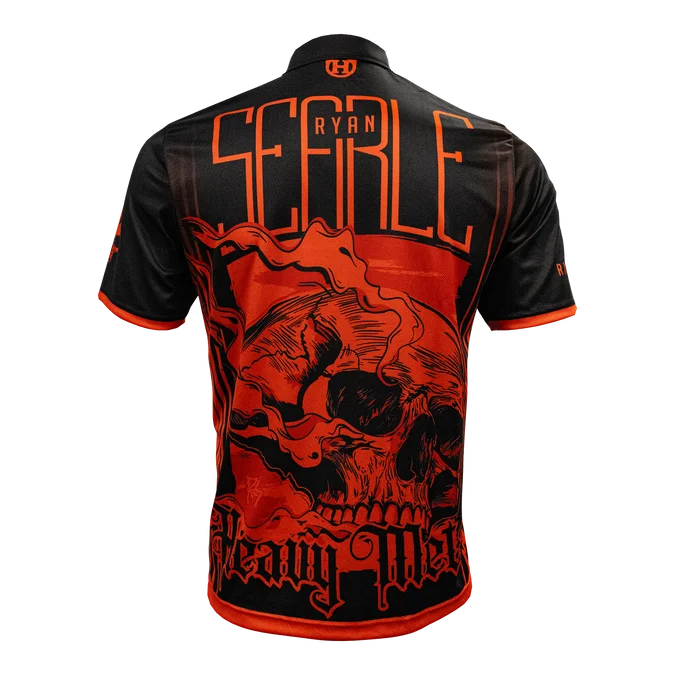 

Футболка для дартса Ryan Searle Heavy Metal 2025, черно-красный принт с черепами, быстросохнущая, дышащая спортивная одежда