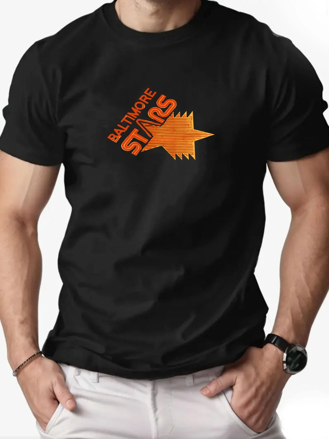 2025 جديد Hot البيع الرجال الصيف تي شيرتات قصيرة الاكمام مع بالتيمور نجوم ريترو ستار طباعة عادية لينة تنفس القطن المحملة