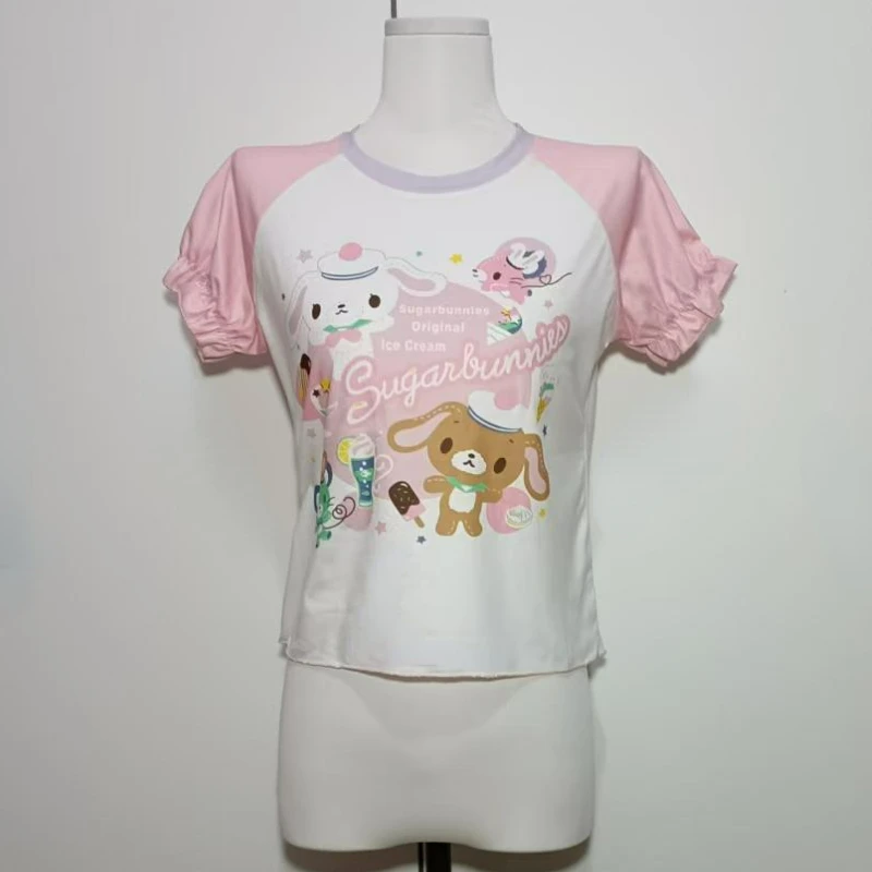 Japanese Kawaii Crop Tops Cartoon Print Harajuku Lolita Short Sleeve T-shirts Women Y2k Aesthetic Slim Tee Vintage Fairy Grunge