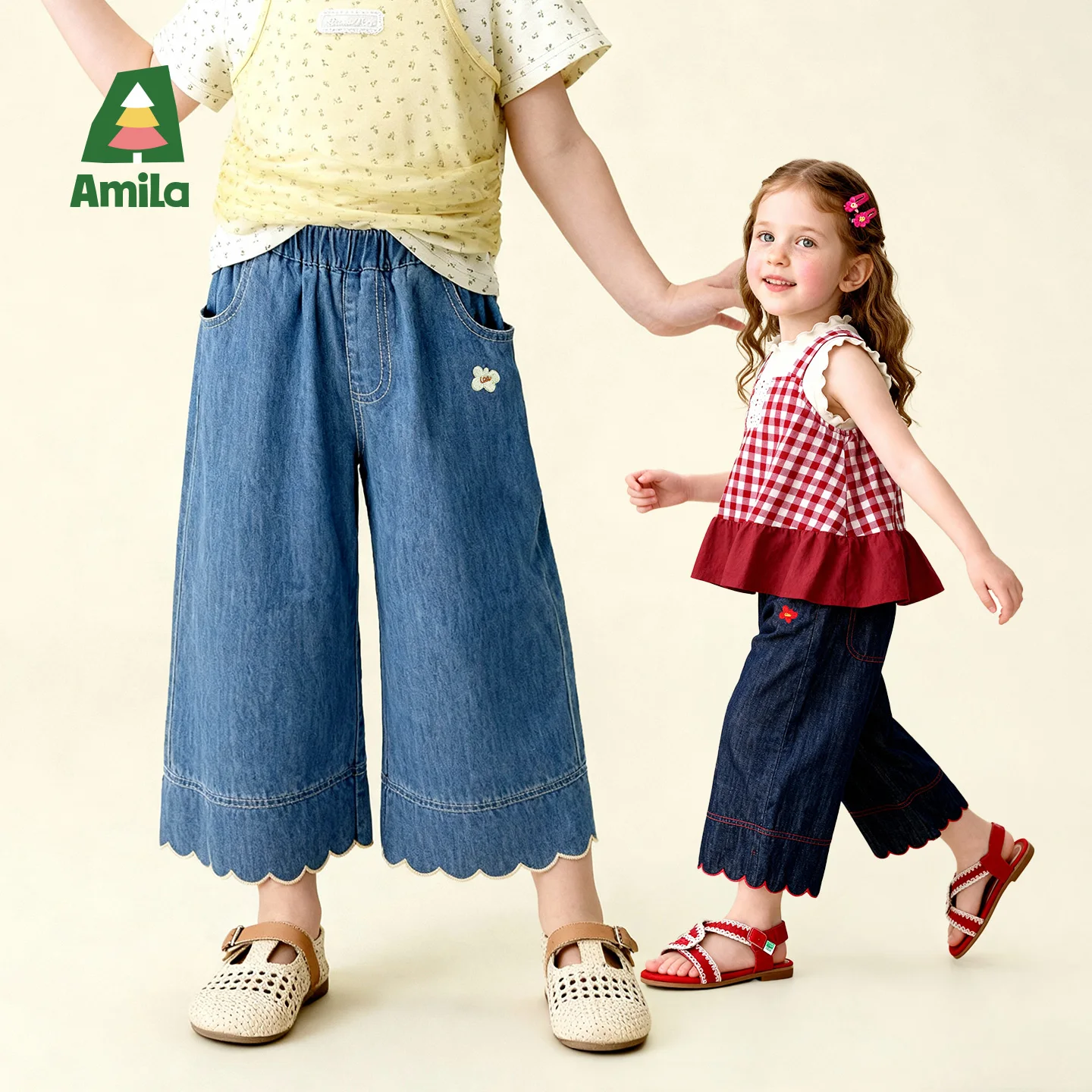 Amila 2026 Summer New Children's Cowboy Wide Leg Pants With Wave Lace Solid Color Versatile Casual Daily Fashion Pants