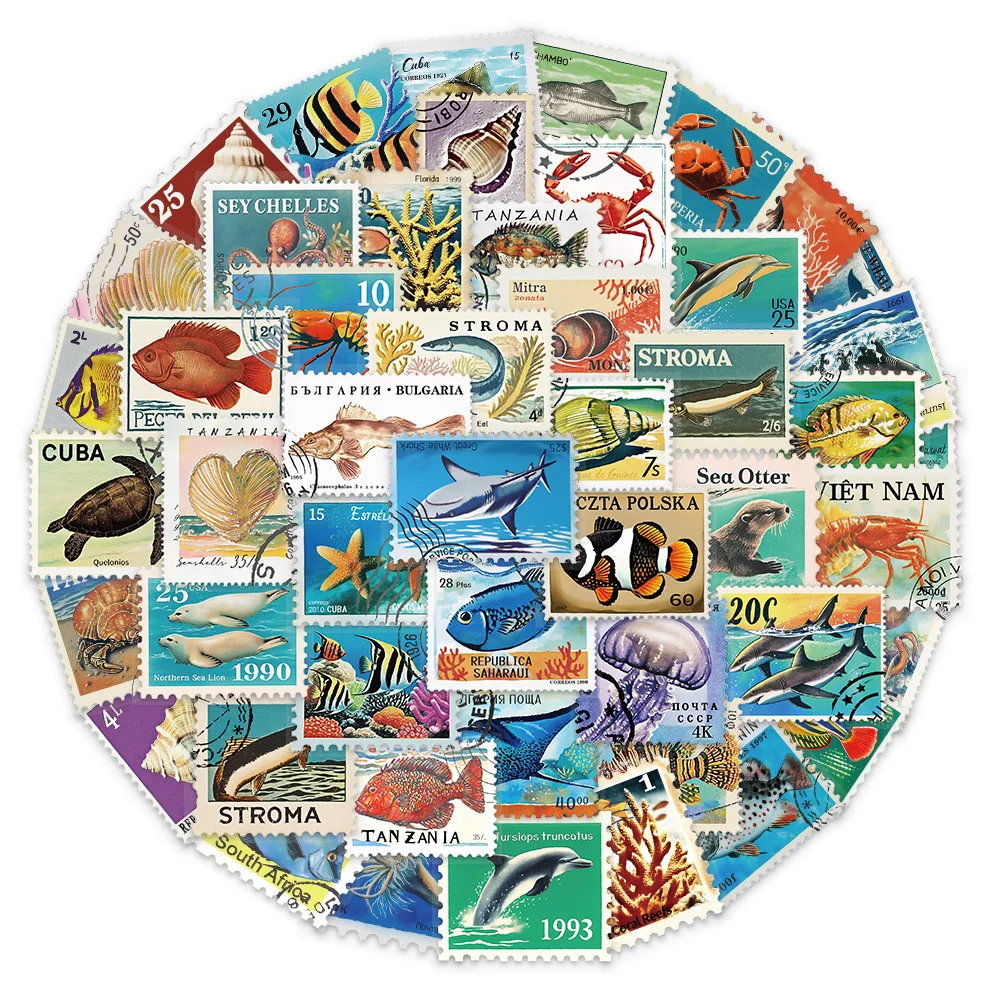 50PCS Marine Life Stamp Cartoon PET Decorative Stickers DIY Phone Case Laptop Water Bottle Computer Stickers