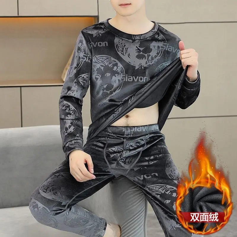 남성용 보온 내의 양면 플리스 세트 겨울 청소년용 플리스 두꺼운 롱존 방한 크루넥 이너웨어 세트