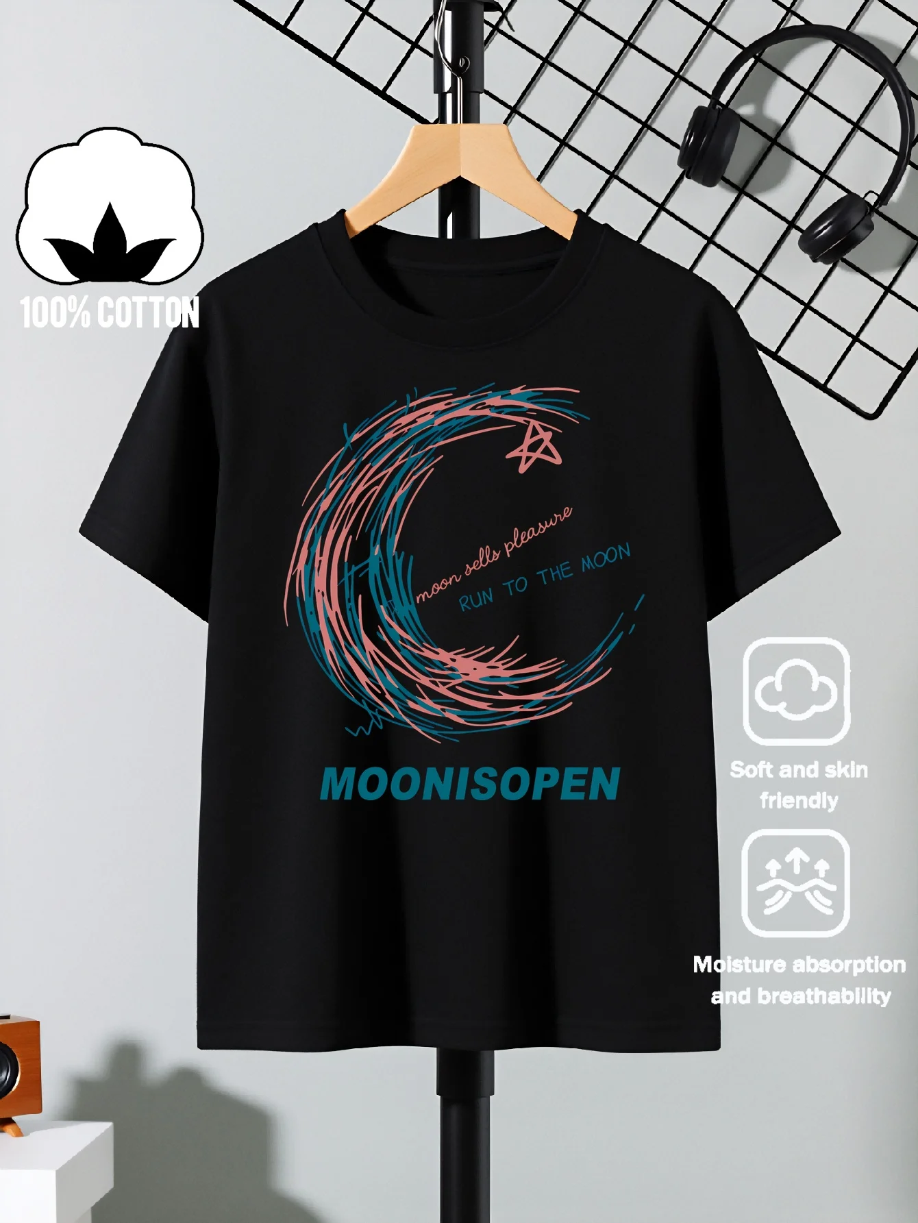 Moon Selling Sports Run To The Moon Pattern Machine Washable Outdoor Activity Top Comfortable Fun Printed Parent Child T-shirt