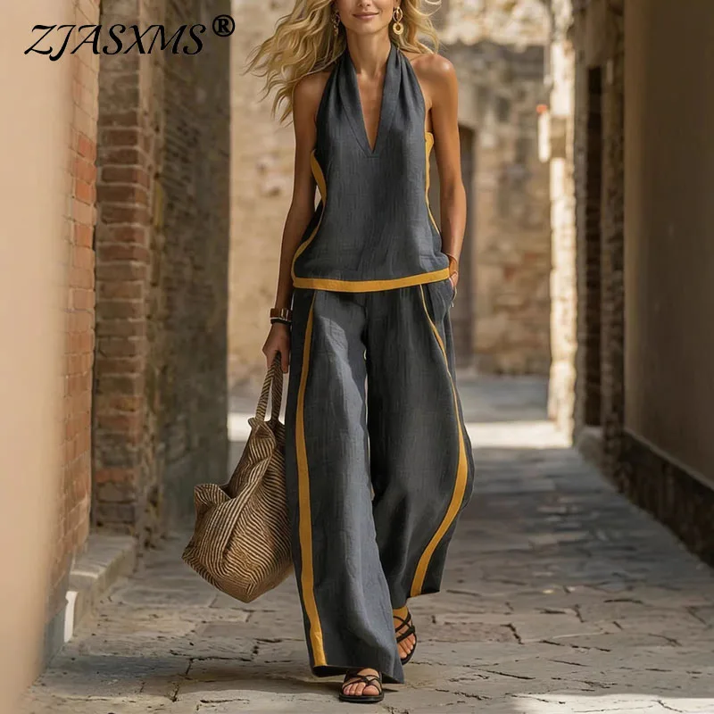 

Bohemian Casual Vacation Beach Outfit Woman Sexy V Neck Sleeveless Tank Top High Waist Pocket Pants Set New Spring Summer Outfit