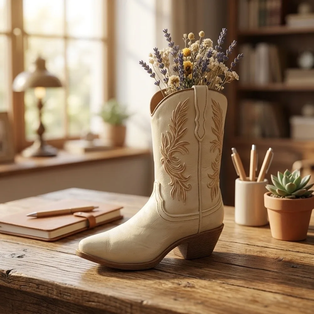 Resin Cowboy Boot Vase Red Pink Creamy White Tall Flower Pot For Western Home Decor Desk Table Centerpiece Artificial Plant Hold