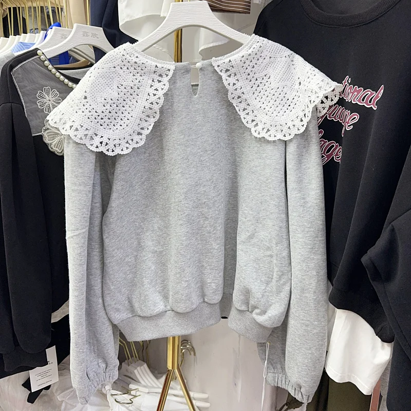 Korean Autumn New Gray Heavy Industry Beads Flower Lace Doll Collar Loose Casual Temperament Age-reducing Top Sweater For Women