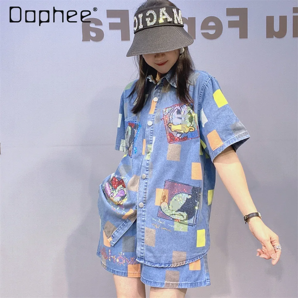 

European Station Denim Set Short Sleeve Shirt + Denim Shorts 2-piece Set Women's Summer Loose Cartoon Hot Diamond Two-piece Set