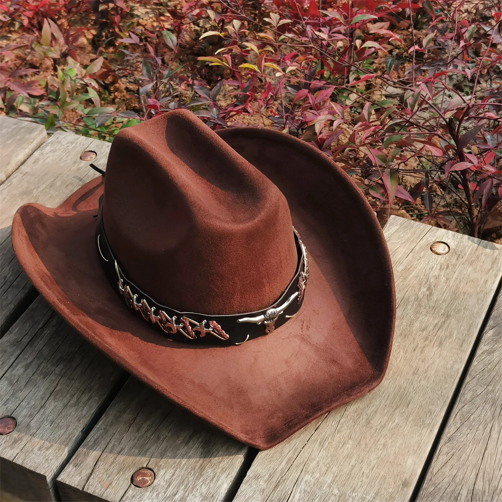 Wide Brim Cowboy Hats for Women Retro Cow Belt Suede Cowboy Hat Men Cattleman Style Suede Rancher Hat for Men Sombrero Hombre