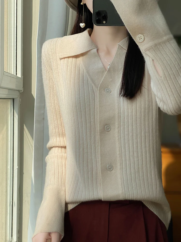 100% Merino Wool Cardigan New Fashion Long Sleeve POLO Collar Pure Color Women Sweater Tops Jerseys Spring Autumn Warm Knitwears