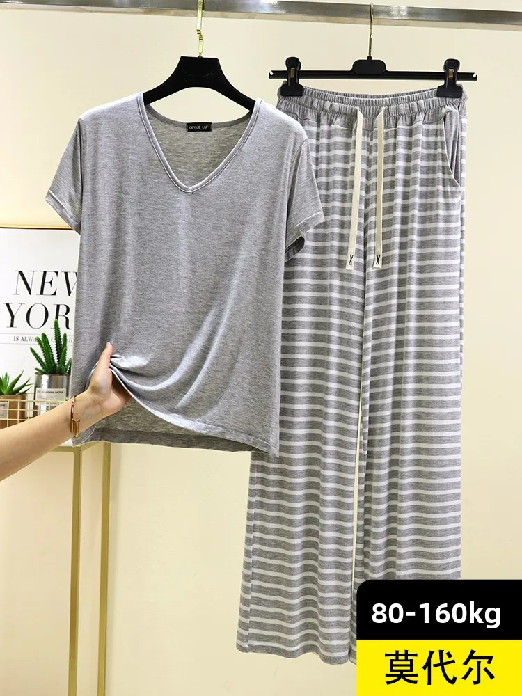 

Комплект из модала V-Ne ort Sve Spwear, женский летний тонкий топ, полосатые брюки, повседневная домашняя одежда больших размеров, комплект из двух предметов